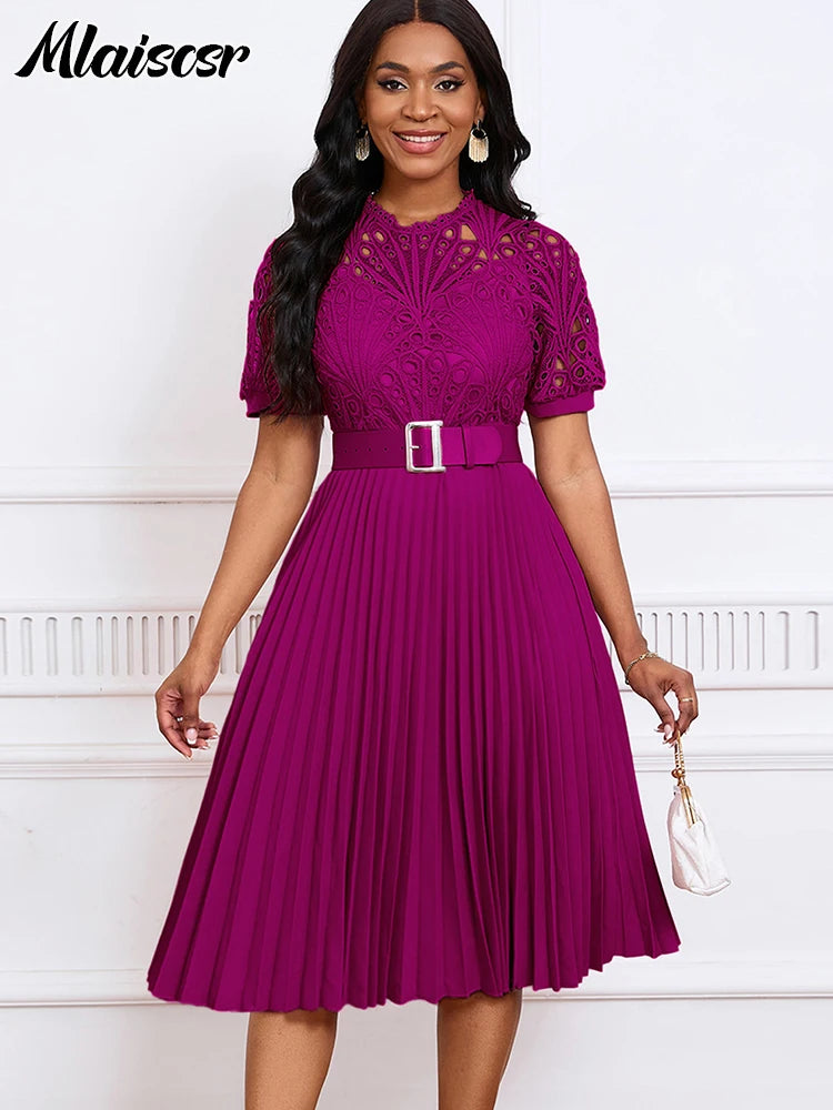 Mlaiscsr Elegant Wedding Guest Pleated Lace Patchwork Dress With Belt