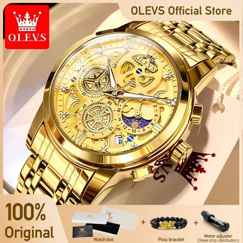 OLEVS Mens Luxury Skeleton Quartz Watch Stainless Steel Waterproof