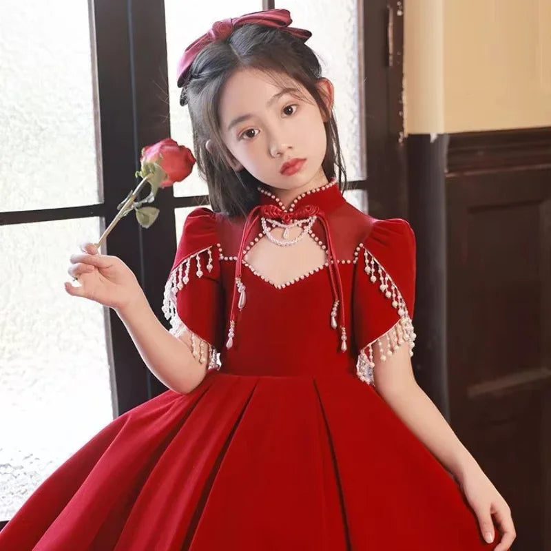 2025 New Red Girls' PrincessElegant Eids,Little Dress, ToddlerSummer Dresses Outfit for Birthday Party Fairy Gown, KidsGirl