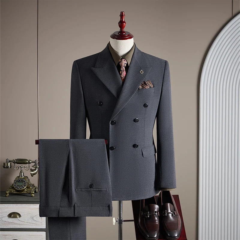 NONECN Men's Double Breasted Wedding Suit Set Slim Fit Three-Piece