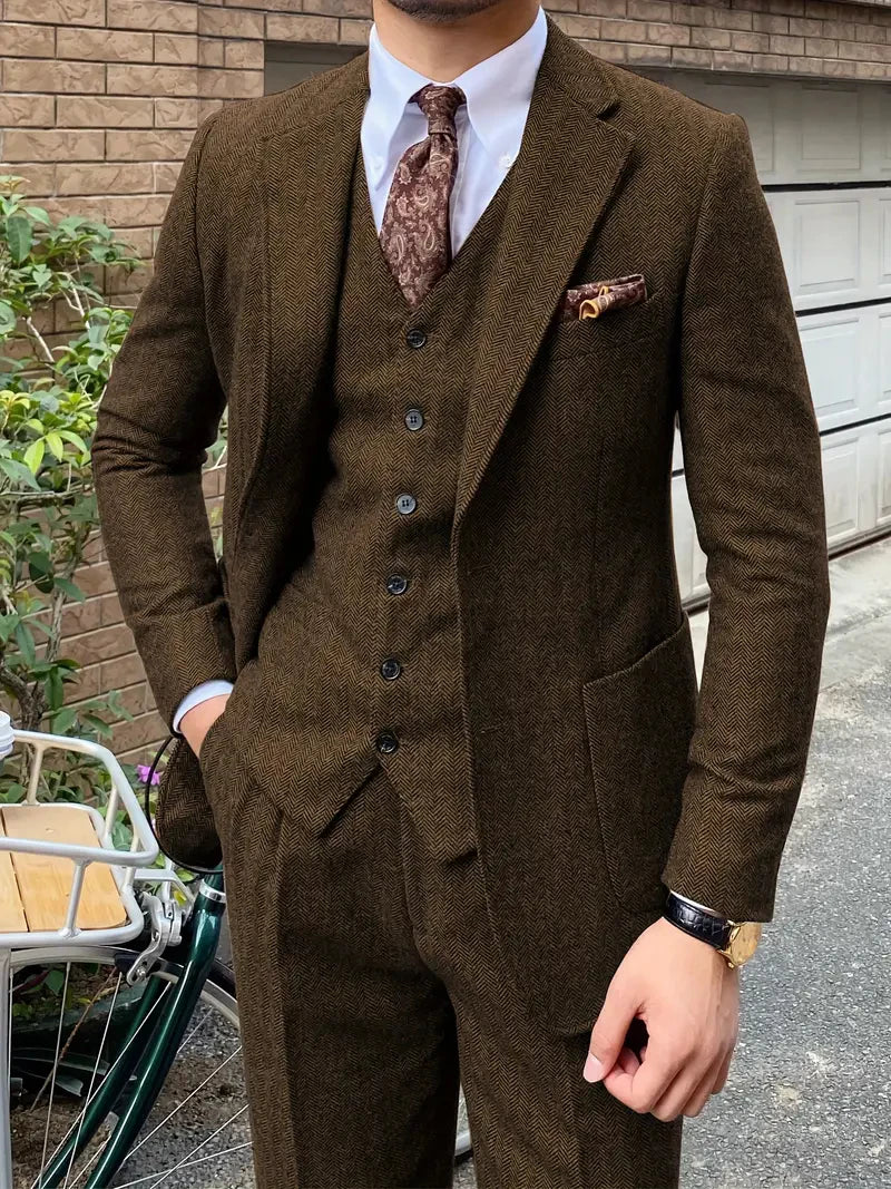 SOLOVEDRESSCN Elegant 3pc Mens Tweed Herringbone WoolBlend Suit Jacket Vest Pants