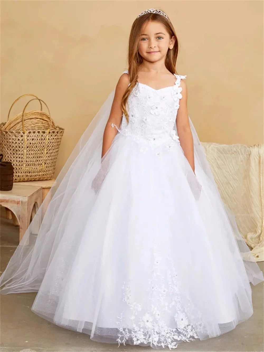 White Flower Girl Dress For Wedding Sleeveless Lace Applique Floor Lenght Kids  Birthday Party First Communion Ball Gown Custom