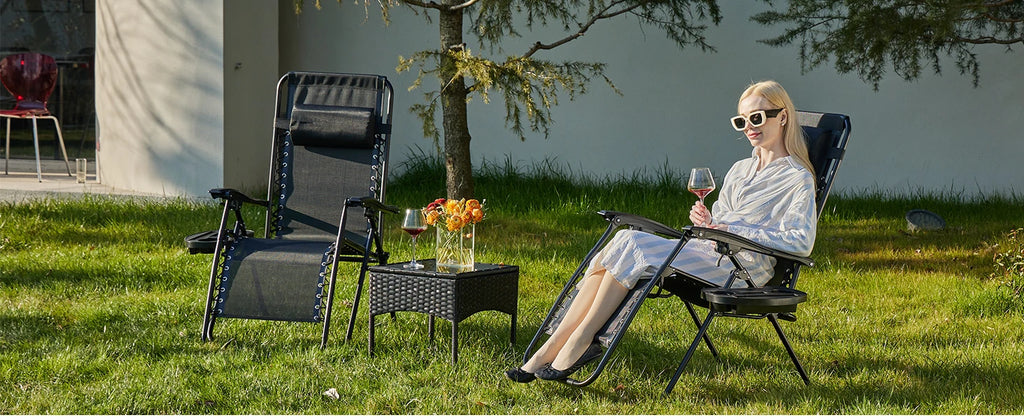 JHK Zero Gravity Set of 2 Portable Recliner Camping Patio Outdoor Garden Lounge Chair with Cup Holder Trays Adjustable Pillow