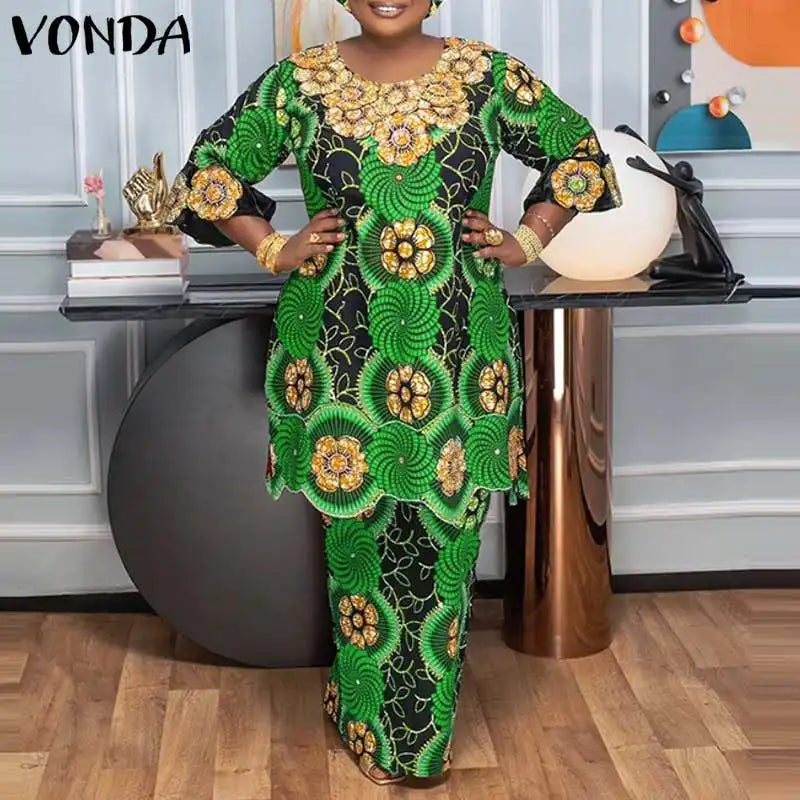 VONDA Women Sets 2024 Elegant Tops And Skirts Suits Flare Sleeve Floral Printed Blouse And H Line Maxi Skirts 2Pcs Matching Sets