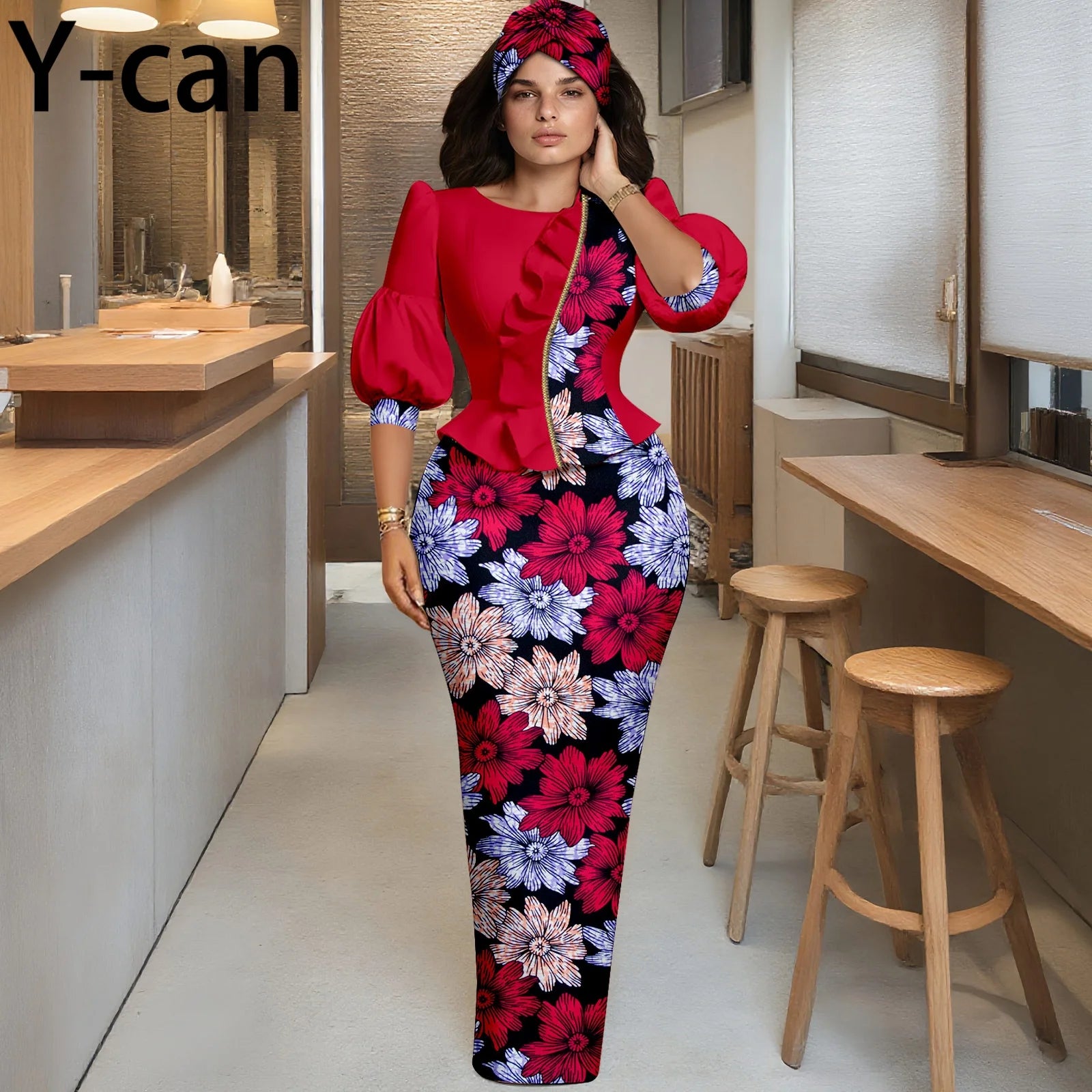 Y-can African Women Skirt Set With Headwrap and Ruffled Top