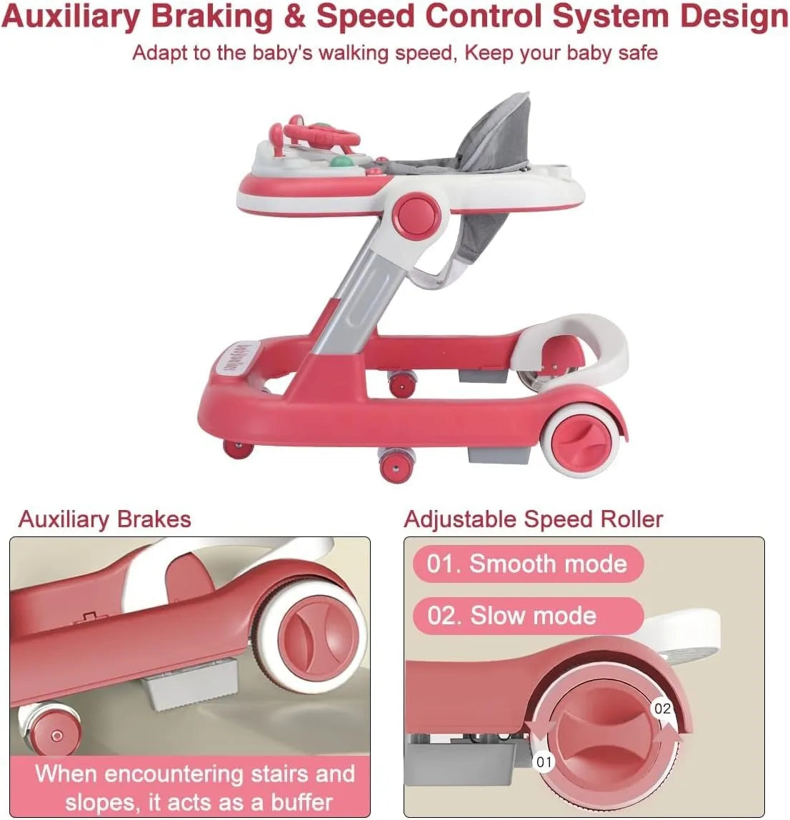 2 In 1 Baby Walker Toddler Push Walker with Removable Feeding Tray and Music Tray Foldable Design