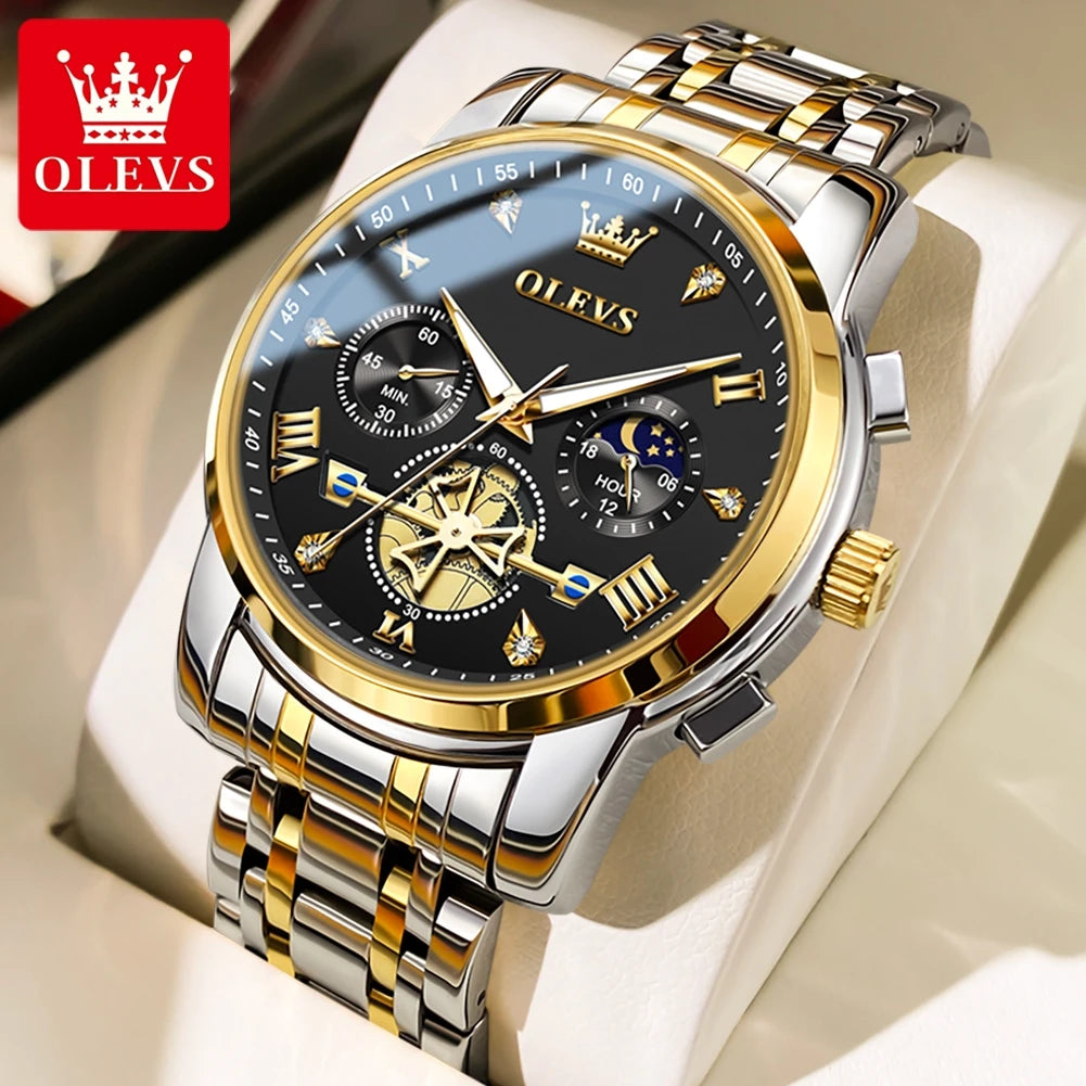 OLEVS 2856 Quartz Watch For Men Flywheel Skeleton Chronograph