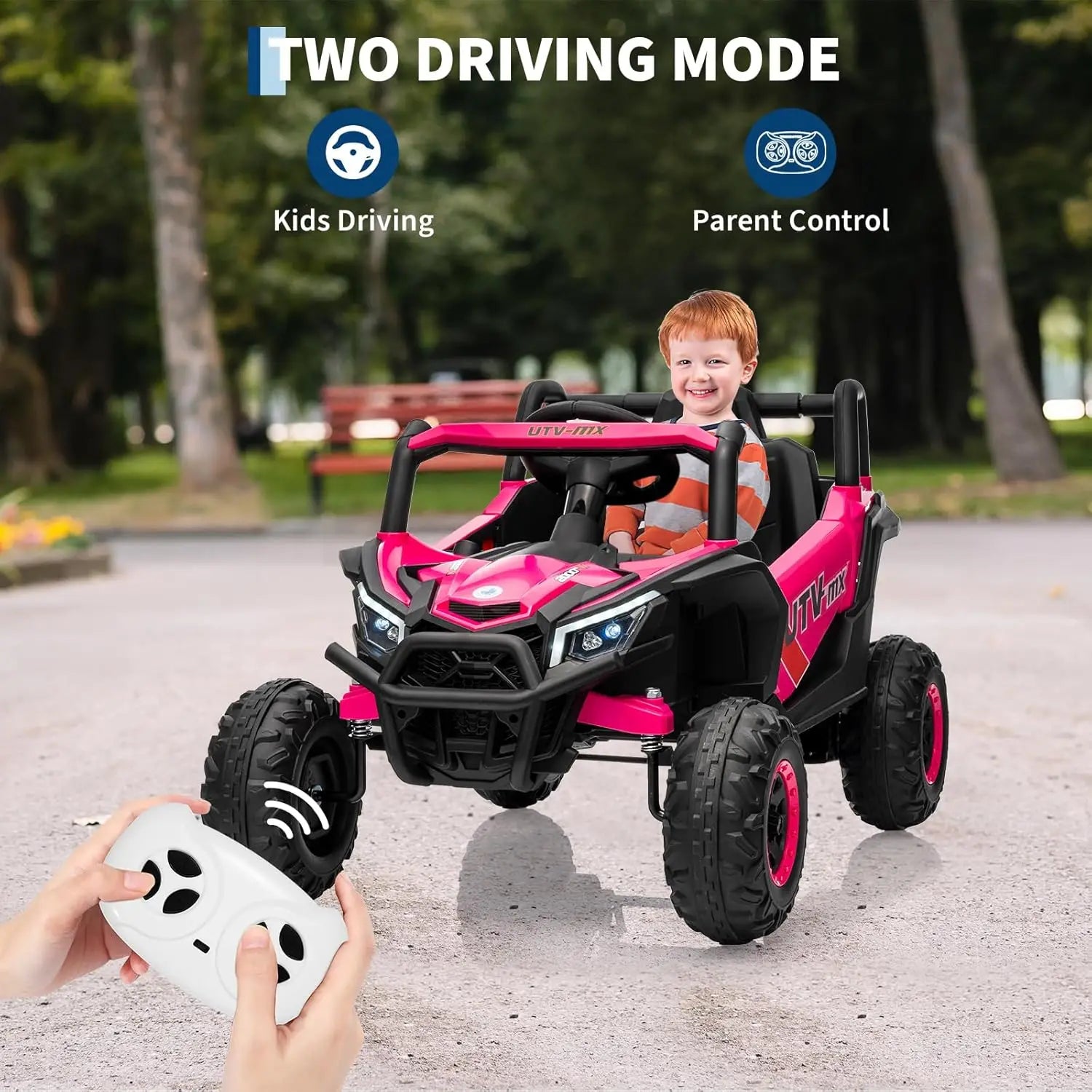 Bluetooth Music LED Lights Kids Ride On Car UTV Truck with Remote Control 4WD/2WD Switchable Electric Vehicle with Safety Belt
