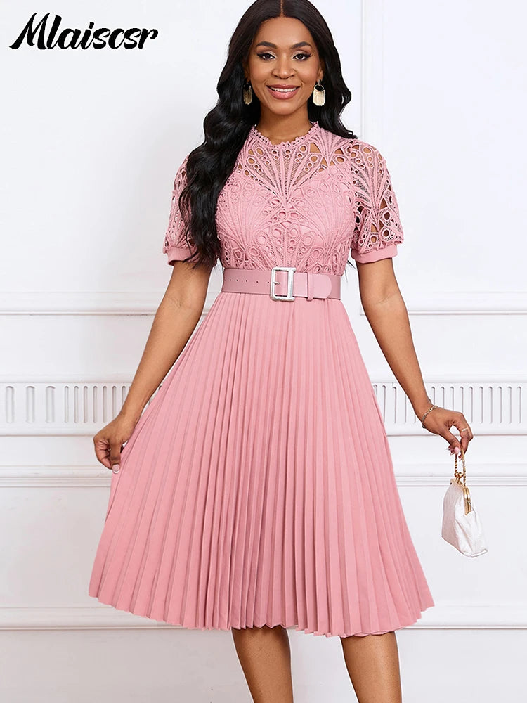 Mlaiscsr Elegant Wedding Guest Pleated Lace Patchwork Dress With Belt