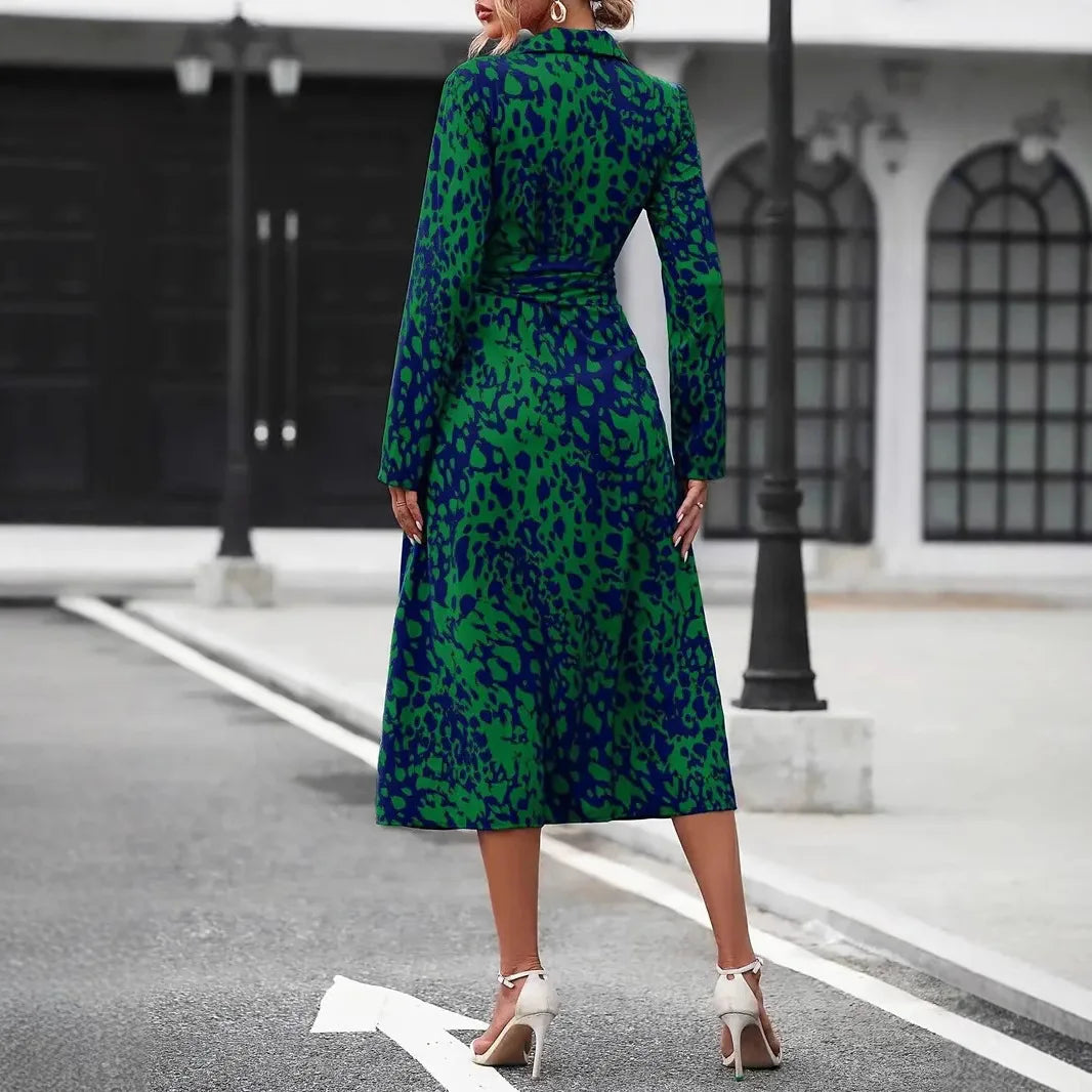 MLZECN European And American Printed Long Sleeve Aline Dress