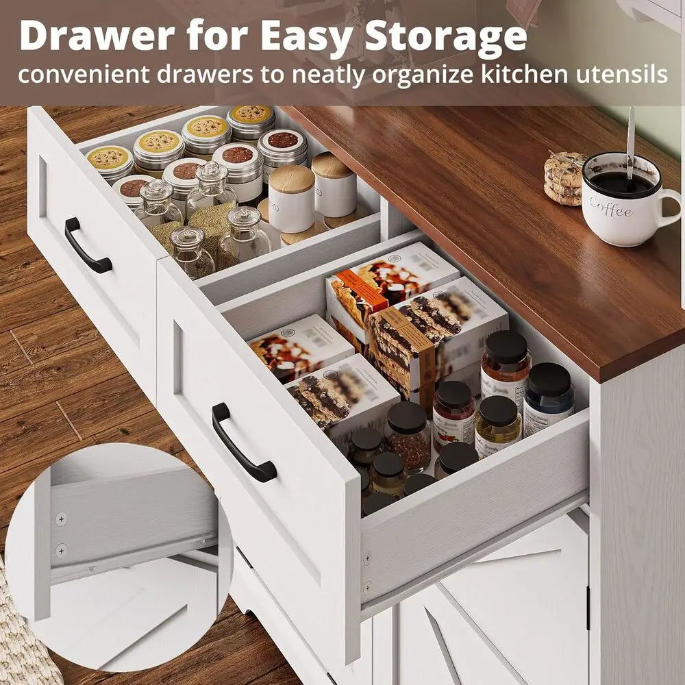 IRONCK Farmhouse Kitchen Pantry Cabinet With Microwave Stand And Charging