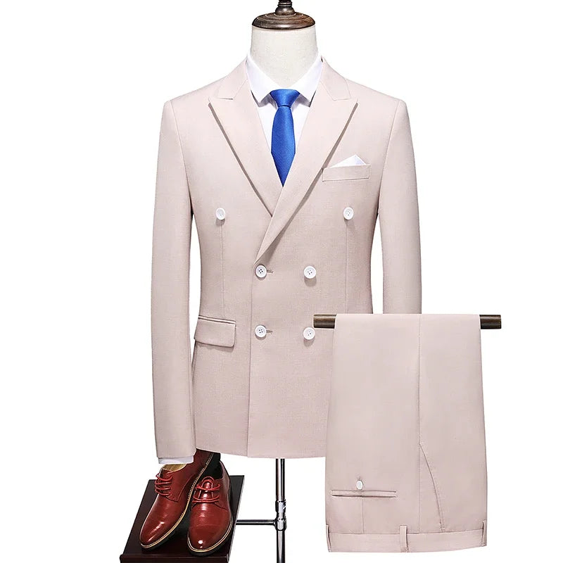 Mens Double Breasted Suit Blazer Pants British Style Business Formal