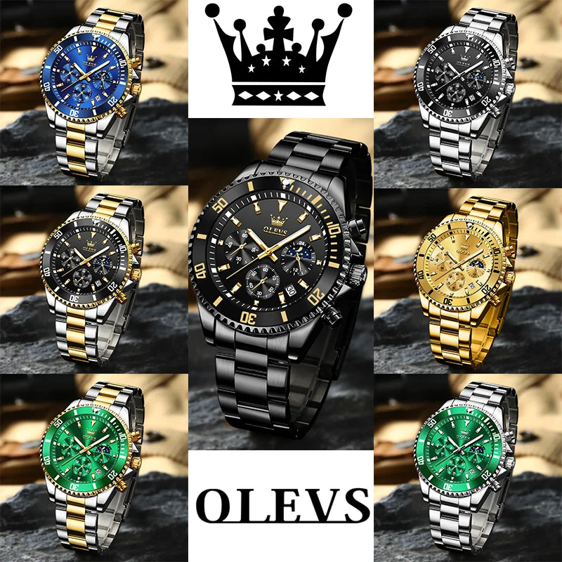 OLEVS Mens Luxury Chronograph Stainless Steel Watch Moon Phase