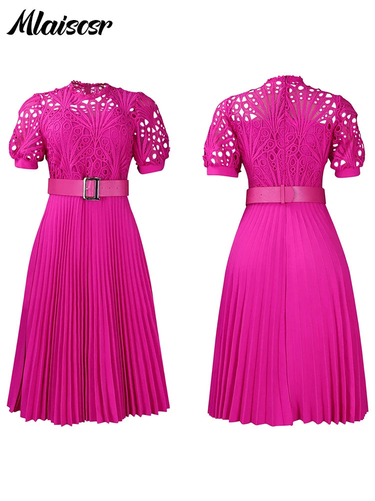 Mlaiscsr Elegant Wedding Guest Pleated Lace Patchwork Dress With Belt