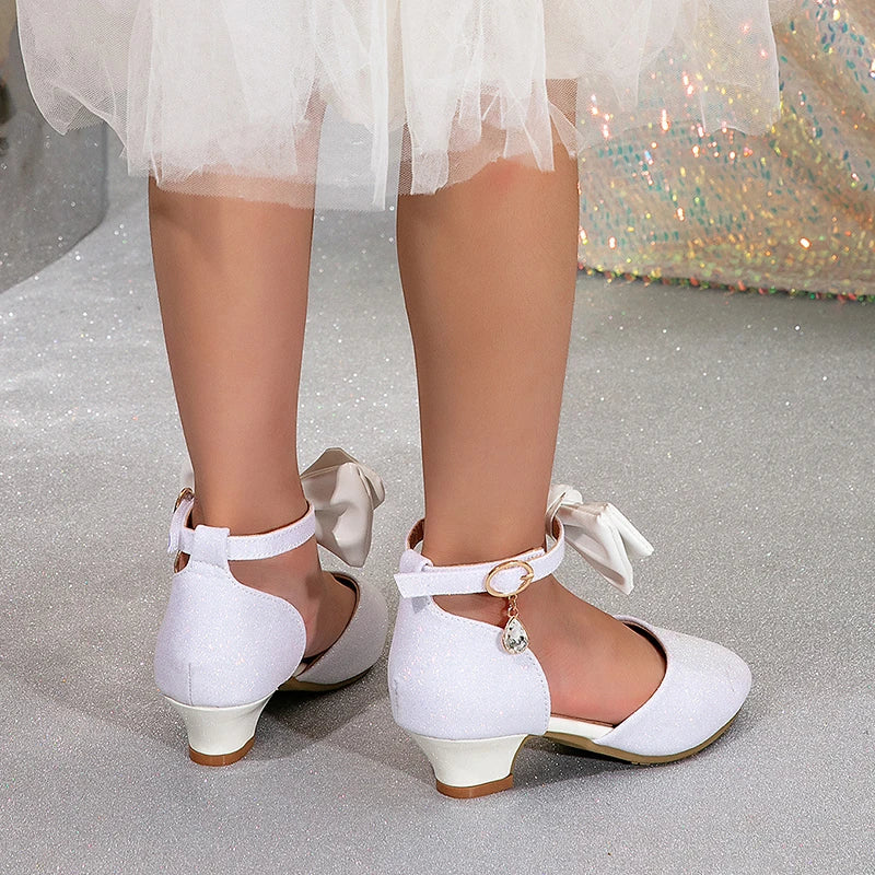 Shiny Luxury Children Wedding Bridesmaids Elegant Party High Heels Leather Shoes Ankle Length Gala Celebration Fancy Girl Sandal