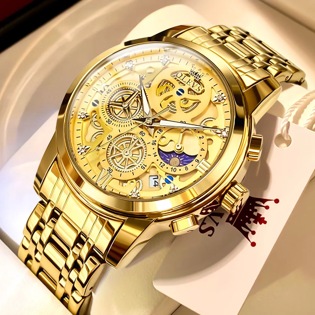 OLEVS Mens Luxury Skeleton Quartz Watch Stainless Steel Waterproof