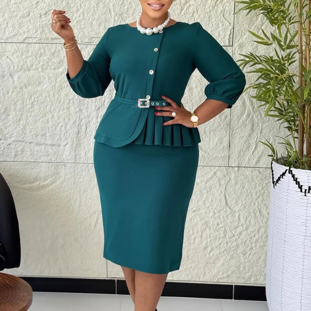 AOMEICN Elegant Bodycon Church Dress With Belt Office Wear