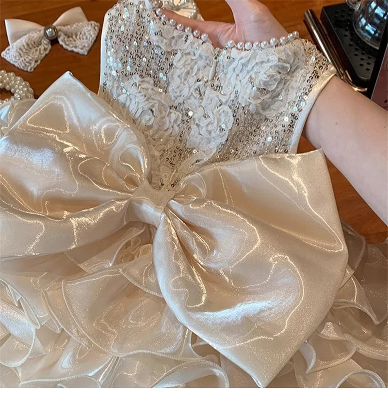 Girls Sequin Puffy Dress Kids Bead Flower Hemline Princess Dresses Baby Birthday Party Gown Ball Children Clothes 1-8 Years