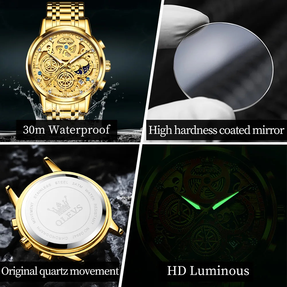 OLEVS Mens Luxury Skeleton Quartz Watch Stainless Steel Waterproof