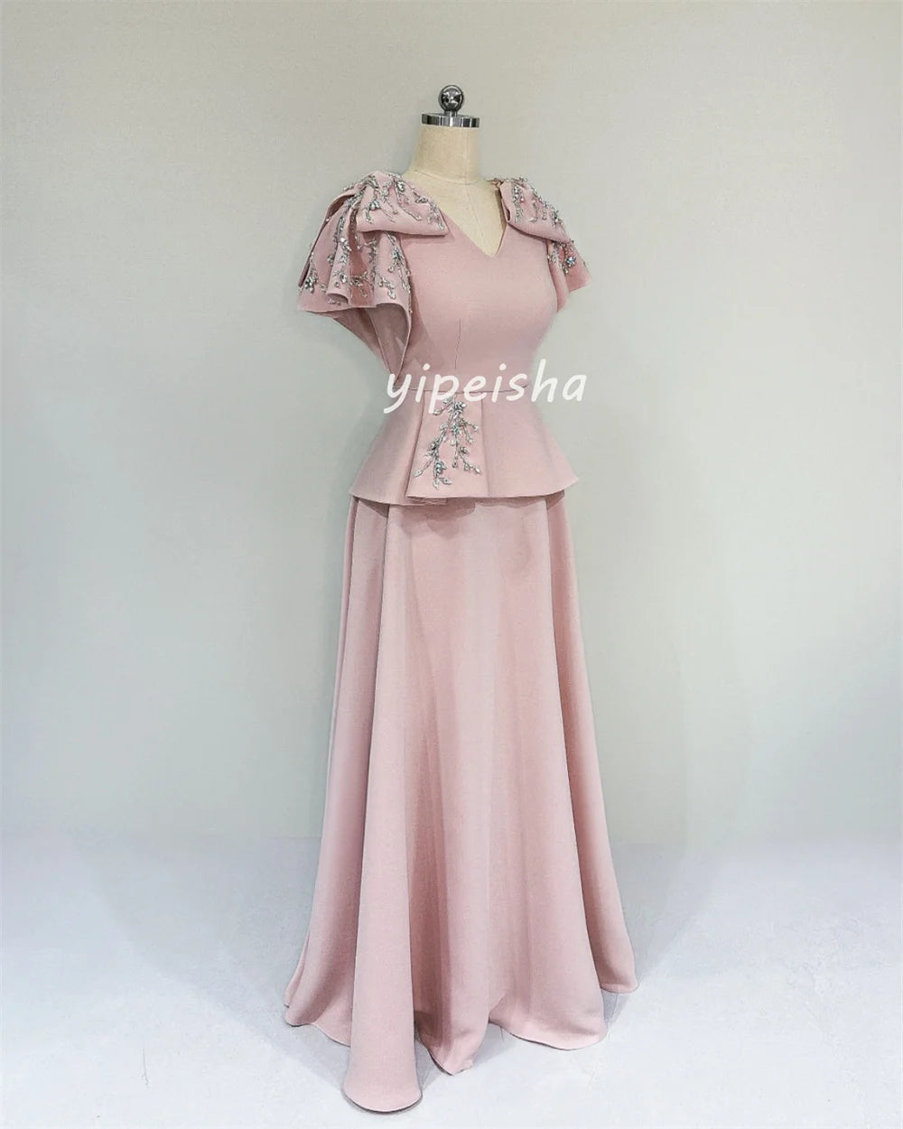 Farrobe Bespoke Rhinestone Sequin A-Line V-Neck Long Dress
