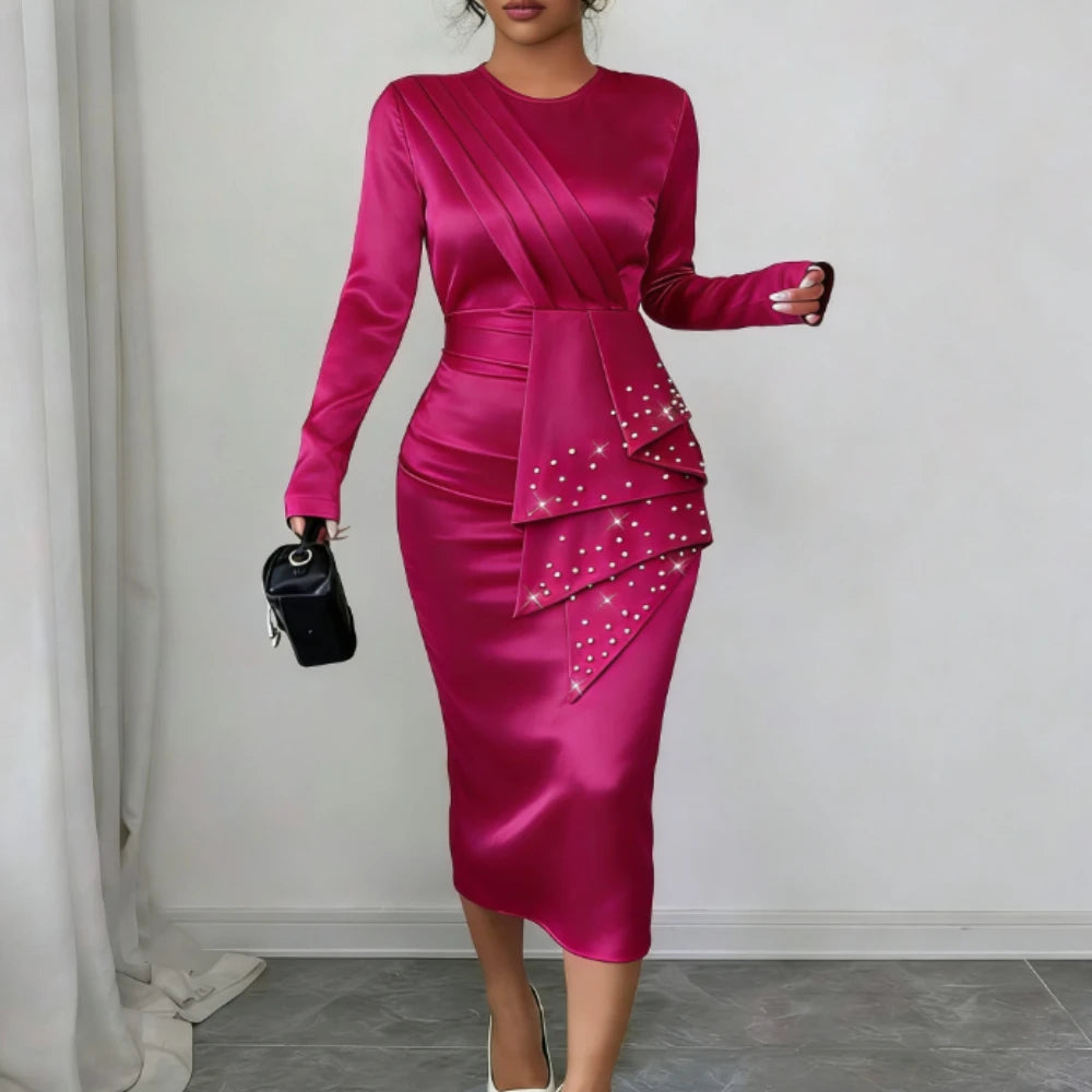 AOMEICN Elegant Satin Beaded O Neck Long Sleeves Midi Dress