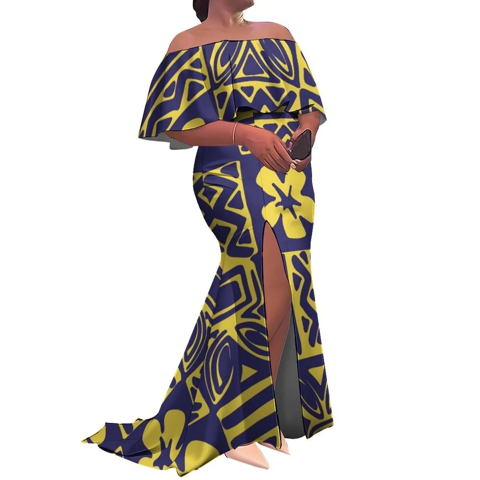 Tax Included Custom  Polynesian Tribal Design  Print Slit Pleated Plus Size Mermaid Dress Off Shoulder Prom Women Dress