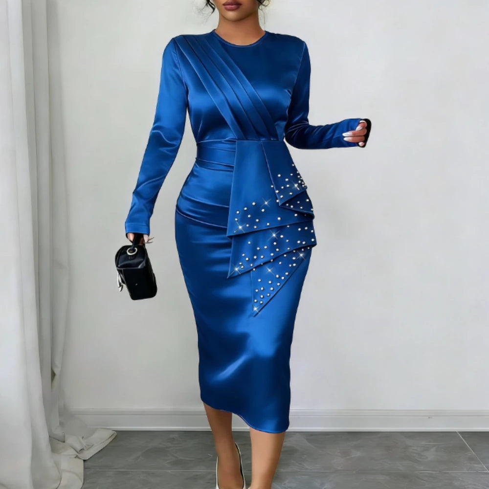 AOMEICN Elegant Satin Beaded O Neck Long Sleeves Midi Dress