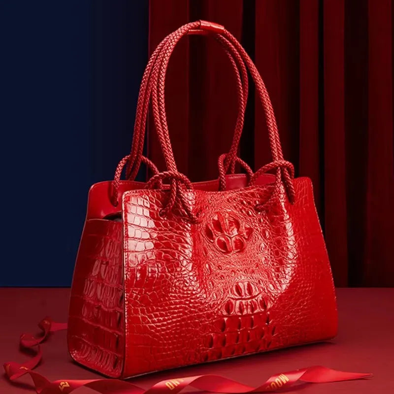 BJYLCN Genuine Leather Womens Travel Tote Bag Crocodile Pattern