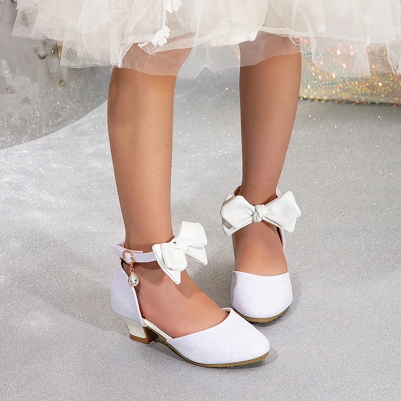 Shiny Luxury Children Wedding Bridesmaids Elegant Party High Heels Leather Shoes Ankle Length Gala Celebration Fancy Girl Sandal