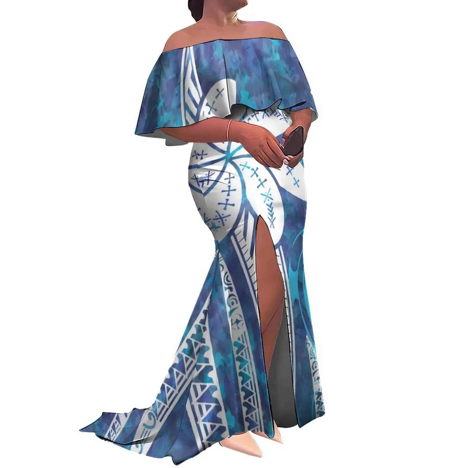 Tax Free Custom Logo Ladies Fishtail Evening Dress Polynesian Frill Off the Shoulder Split Mermaid Long Maxi New Zealand Dress