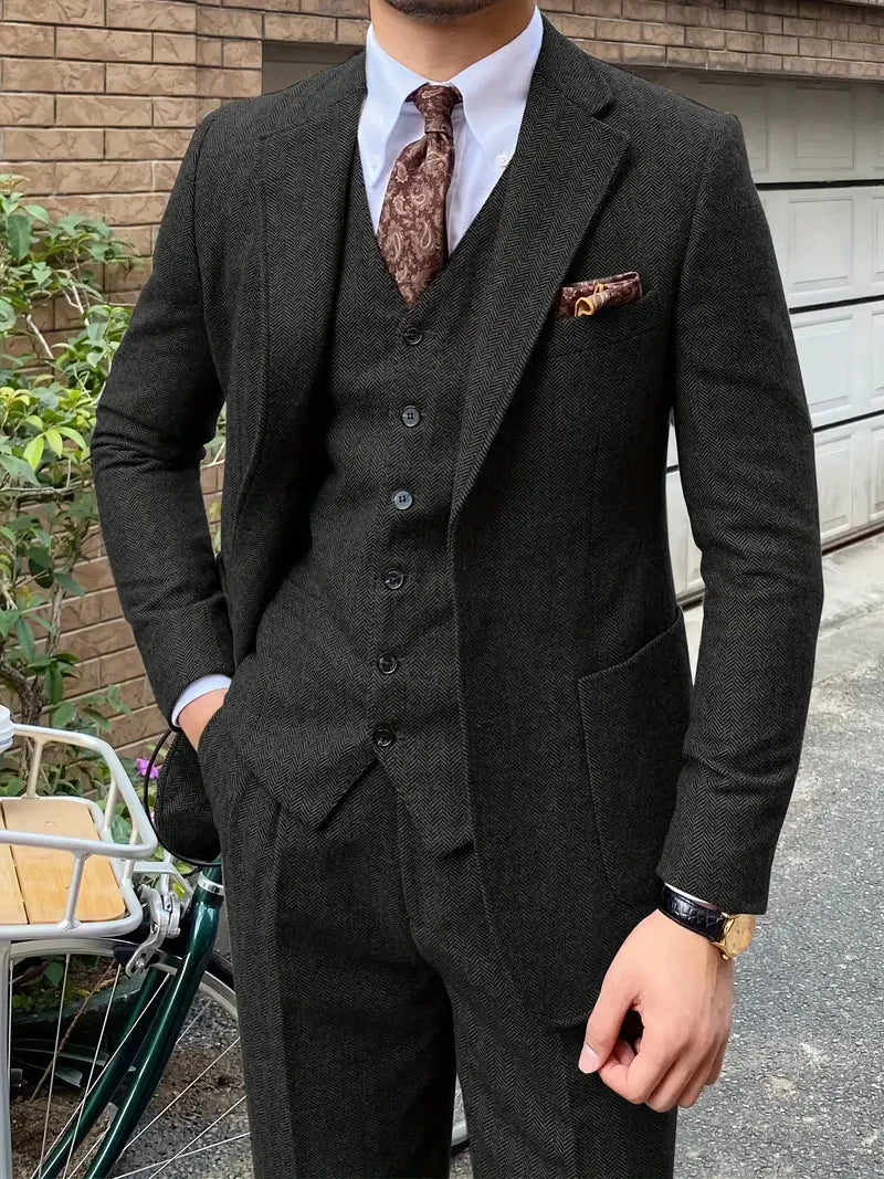 SOLOVEDRESSCN Men's Tweed 3Piece Wedding Suit Wool Blend Formal