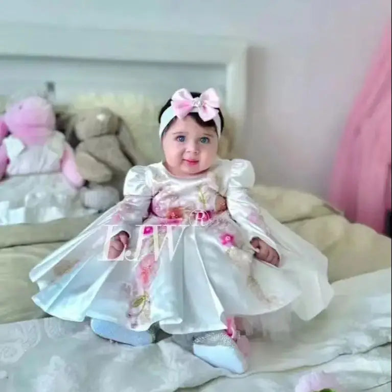 Elegant long sleeve atin embroidered Flower Girl Dress 1st Birthday Pageant Party Prom Gown flower wedding piano performance  Pr