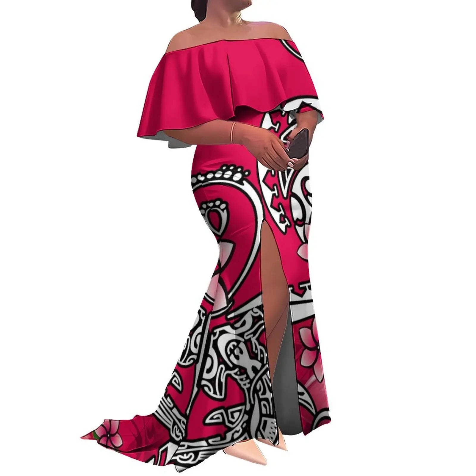 Tax Free Custom Logo Ladies Fishtail Evening Dress Polynesian Frill Off the Shoulder Split Mermaid Long Maxi New Zealand Dress