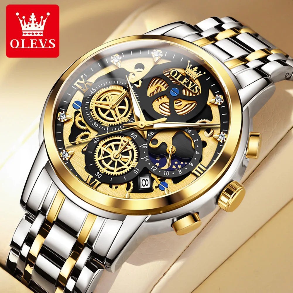 OLEVS Mens Luxury Skeleton Quartz Watch Stainless Steel Waterproof