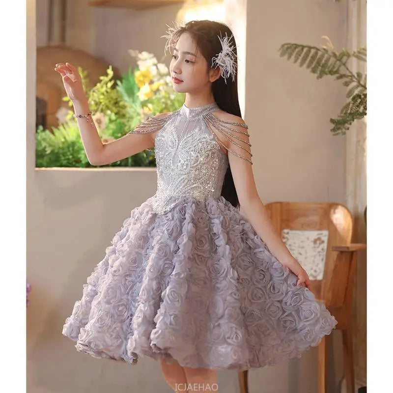 2025 Girls Princess Dress Short Birthday Party Pageant Gown Kids Costume Piano Recital Formal Outfit Children Summer Clothes