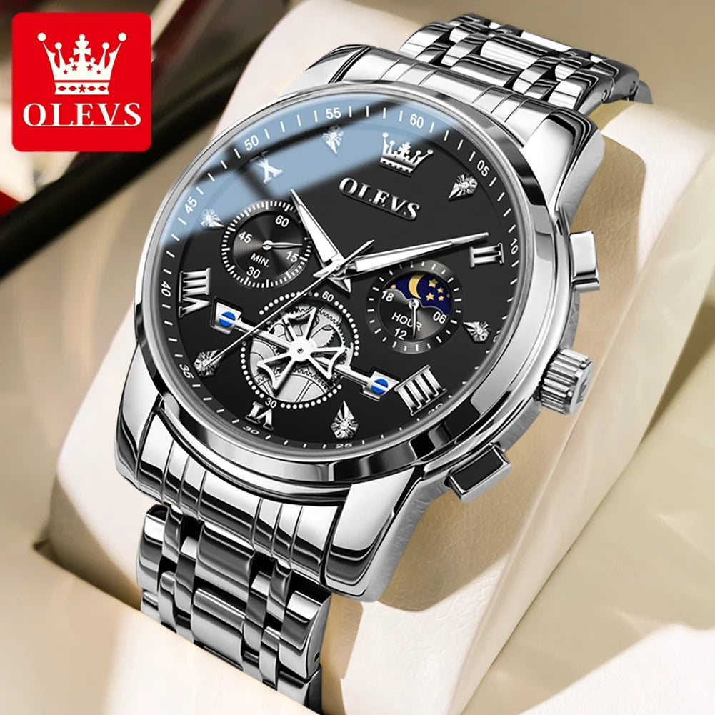 OLEVS Flywheel Skeleton Chronograph Moon Phase Quartz Watch For Men