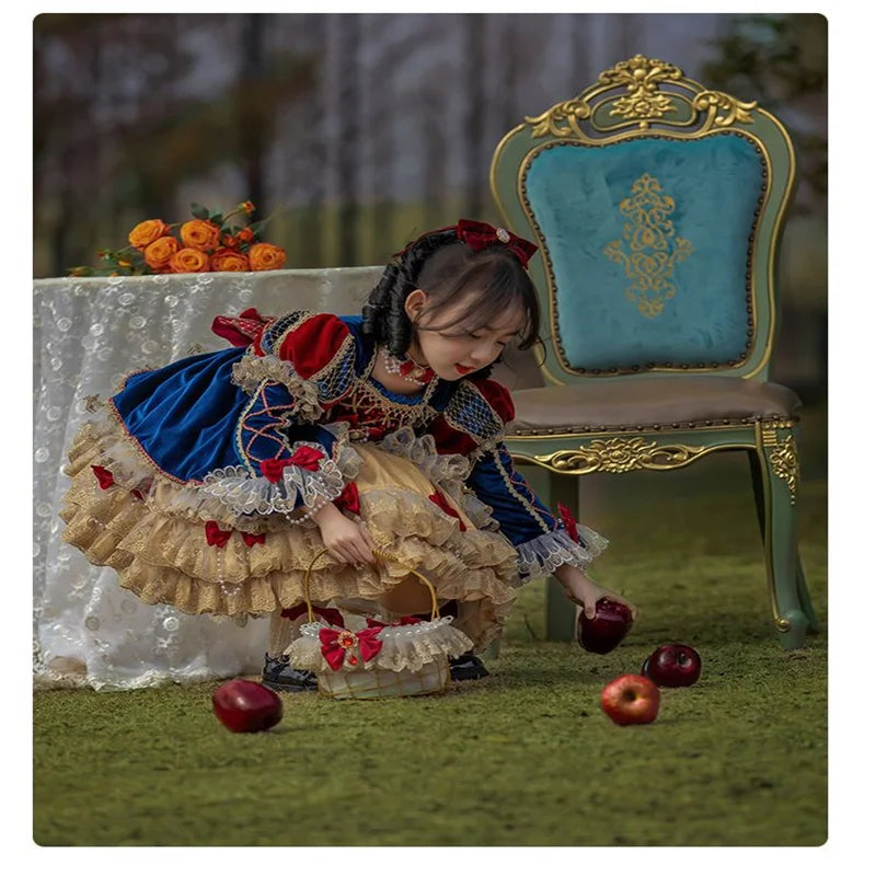 Baby Girl Spanish Princess Lolita Dress for Birthday Party Autumn Winter Royal Blue Velvet Palace Vintage Pompom Boutique Gowns