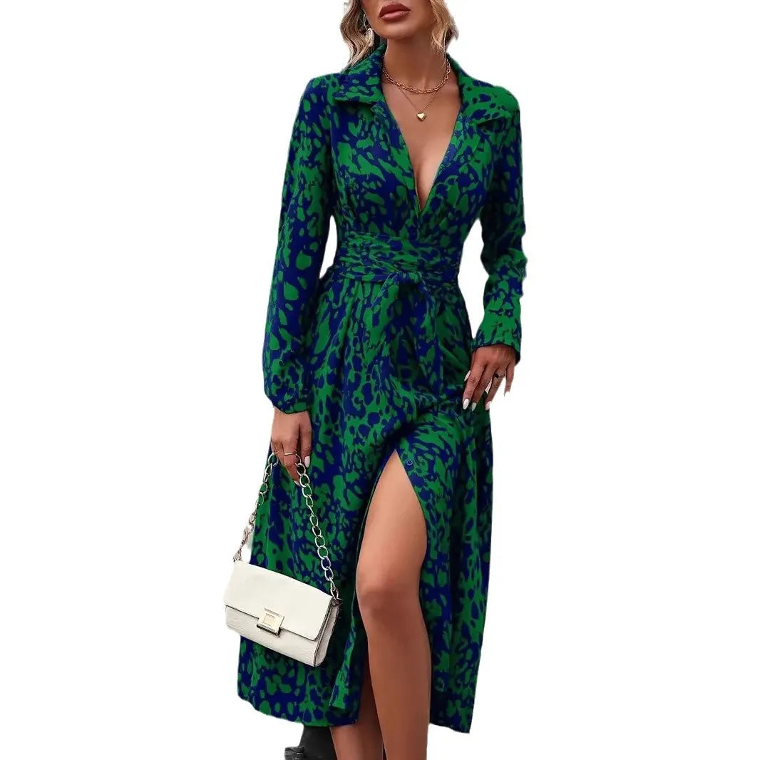 MLZECN European And American Printed Long Sleeve Aline Dress