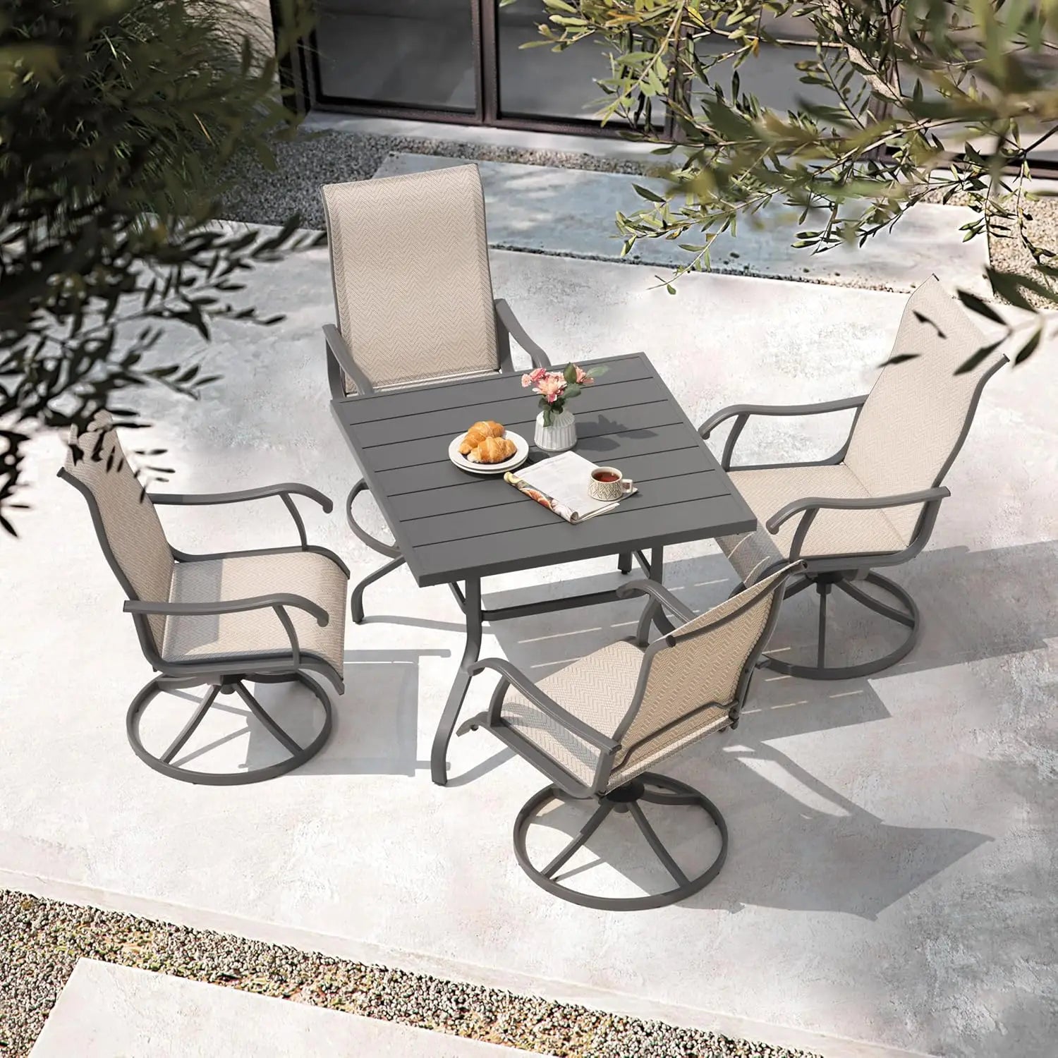 HUANZHUANG Outdoor Dining Set Weather Resistant Table And Textilene Chairs