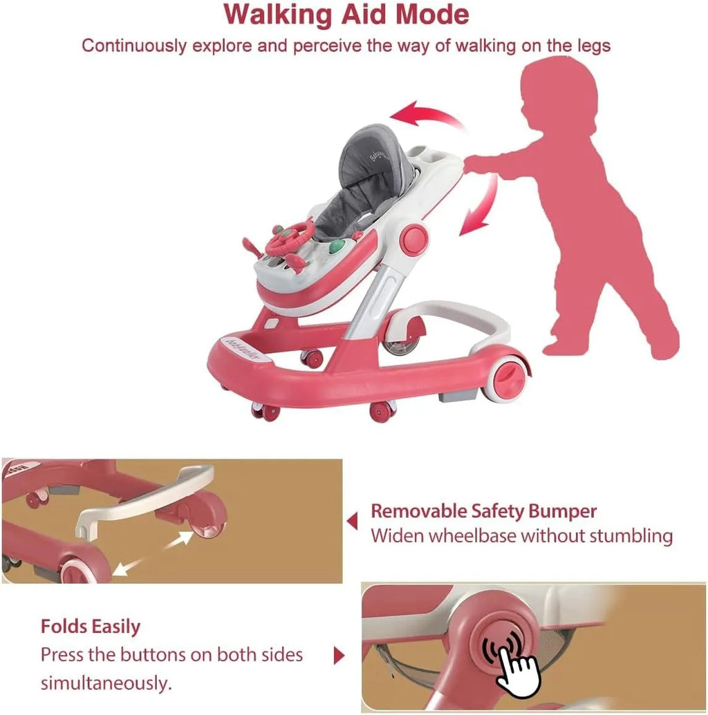 2 In 1 Baby Walker Toddler Push Walker with Removable Feeding Tray and Music Tray Foldable Design