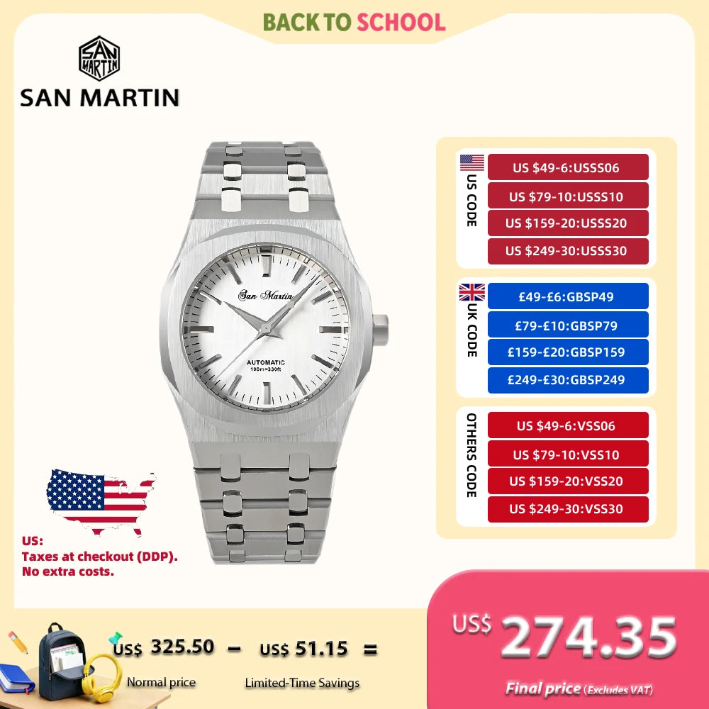 San Martin 38.5mm Luxury Watch Men Automatic Mechanische Watches Miyota 9015 Oak Bracelet 10Bar Business Reloj SN0013