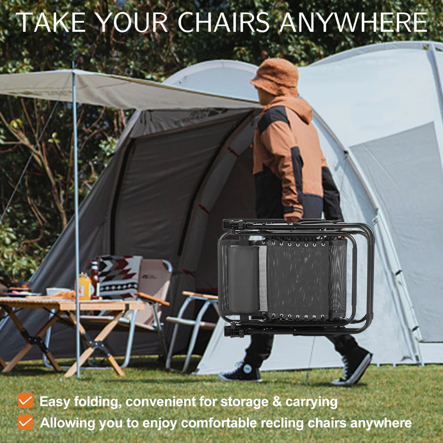 JHK Zero Gravity Portable Recliner Set With Cup Holders