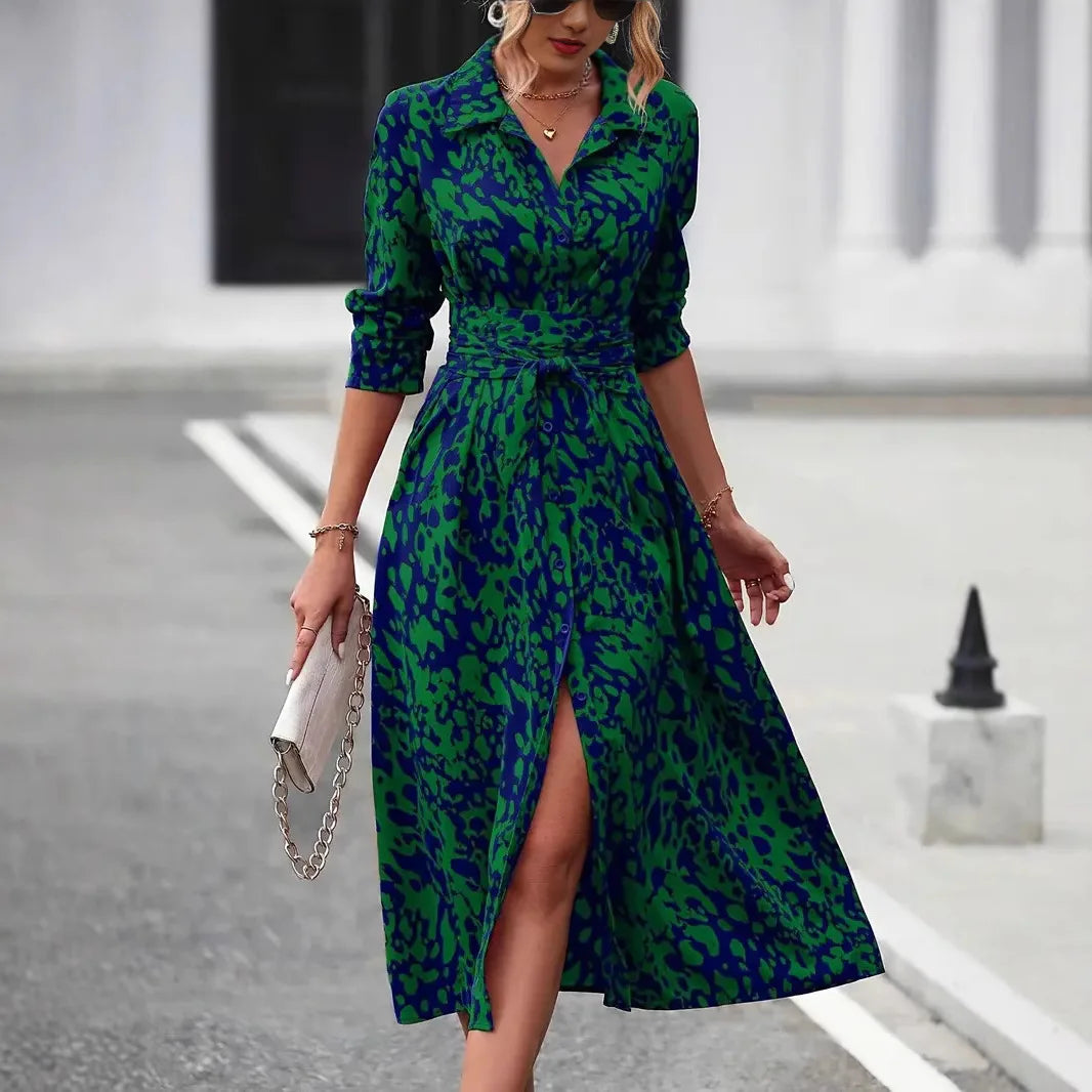MLZECN European And American Printed Long Sleeve Aline Dress