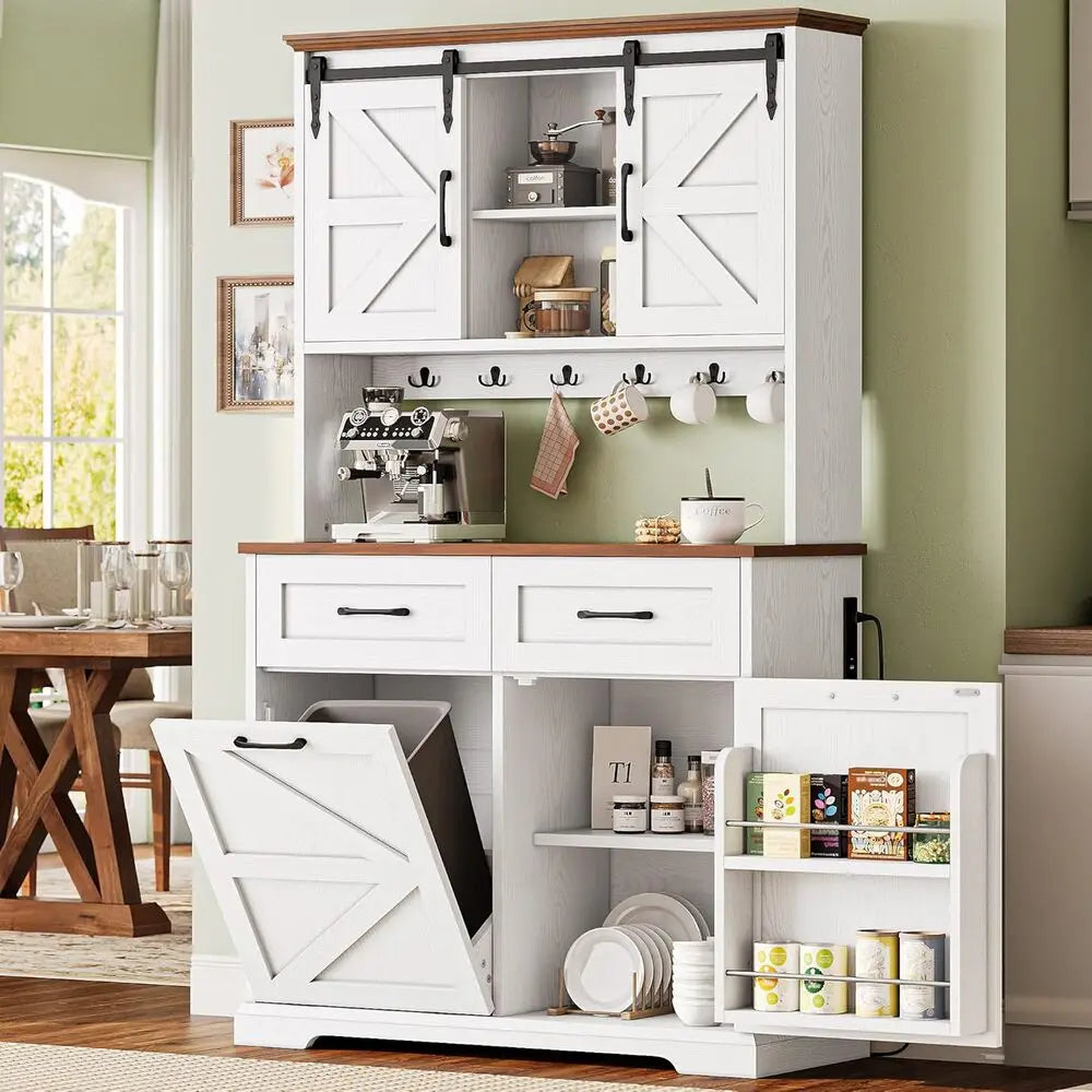 IRONCK Farmhouse Kitchen Pantry Cabinet With Microwave Stand And Charging