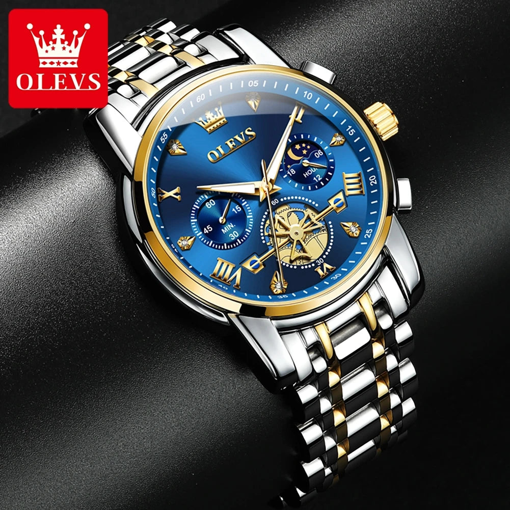 OLEVS 2856 Quartz Men Watch Flywheel Skeleton Chronograph Moon Phase