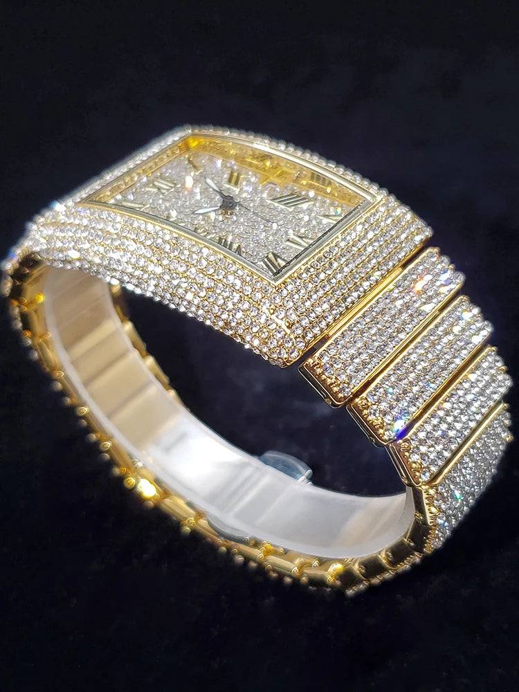 Gold Men's Watches Rectangle Dial Luxury Diamond Fashion Big Wristwatches Luminous Point Iced Quartz Watch For Men Dropshipping