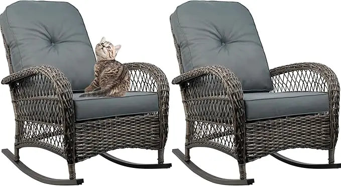 HUANZHUANG Outdoor Wicker Rocking Chairs Set 2Pc Garden