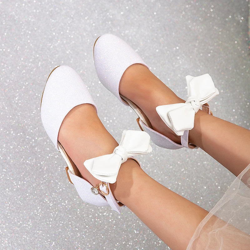 Shiny Luxury Children Wedding Bridesmaids Elegant Party High Heels Leather Shoes Ankle Length Gala Celebration Fancy Girl Sandal