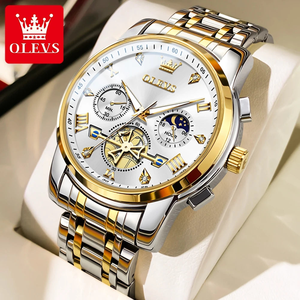 OLEVS 2856 Quartz Watch For Men Flywheel Skeleton Chronograph