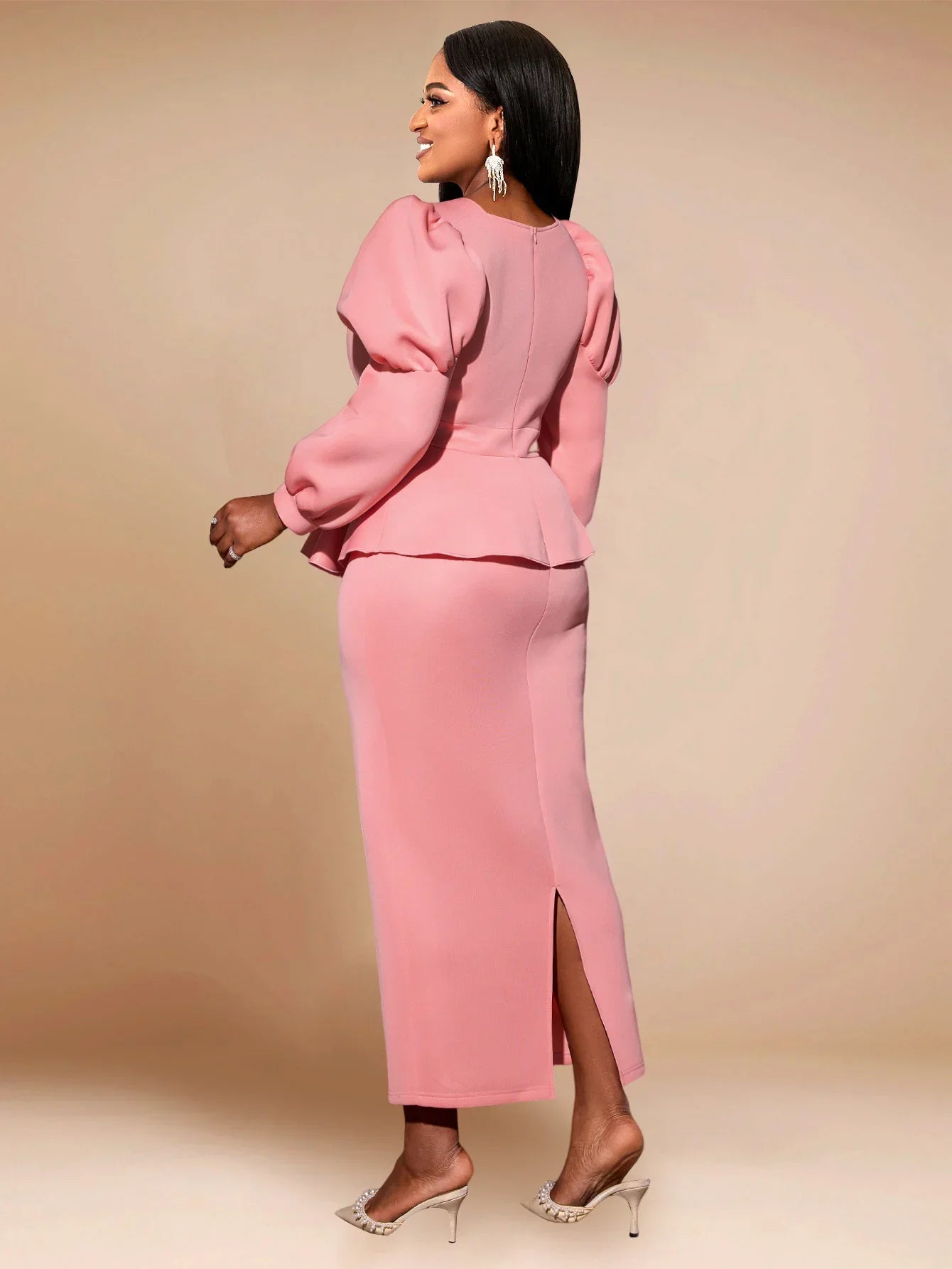 AOMEICN Long Sleeve Peplum Dress For Women High Waist